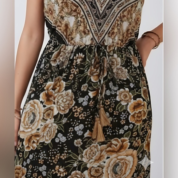 Boho Floral Print Drawstring Waist Fringed Ruffle Hem Cami Dress - Picture 3 of 11